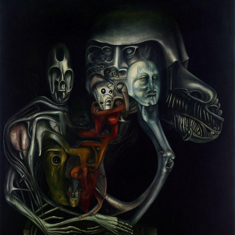 Surreal painting of distorted figures and faces in dark composition