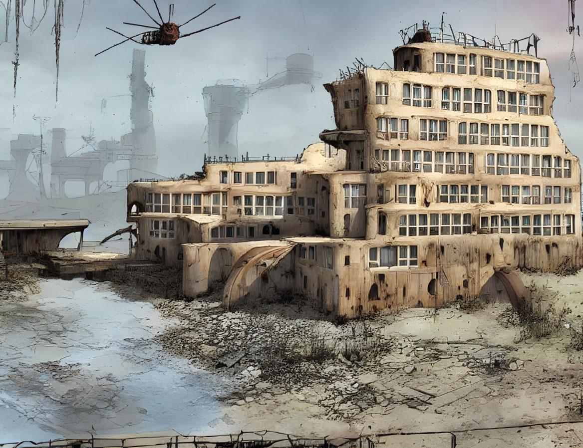 Dystopian landscape with dilapidated buildings and industrial structures