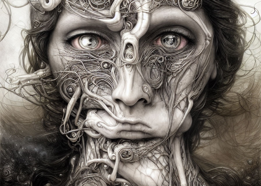 Intricate surreal art of female face with metallic and organic textures