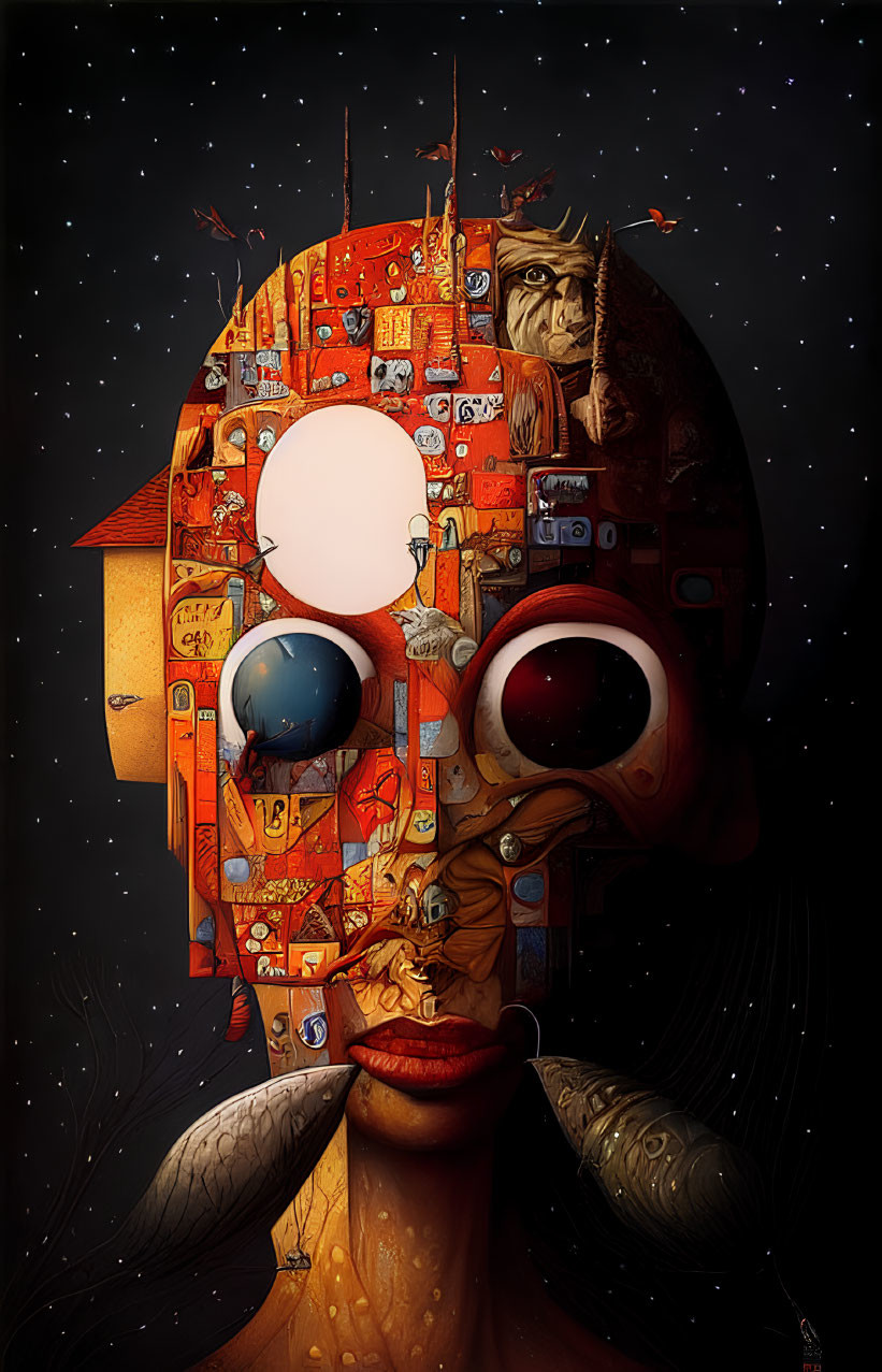 Surreal humanoid figure with object head against starry backdrop