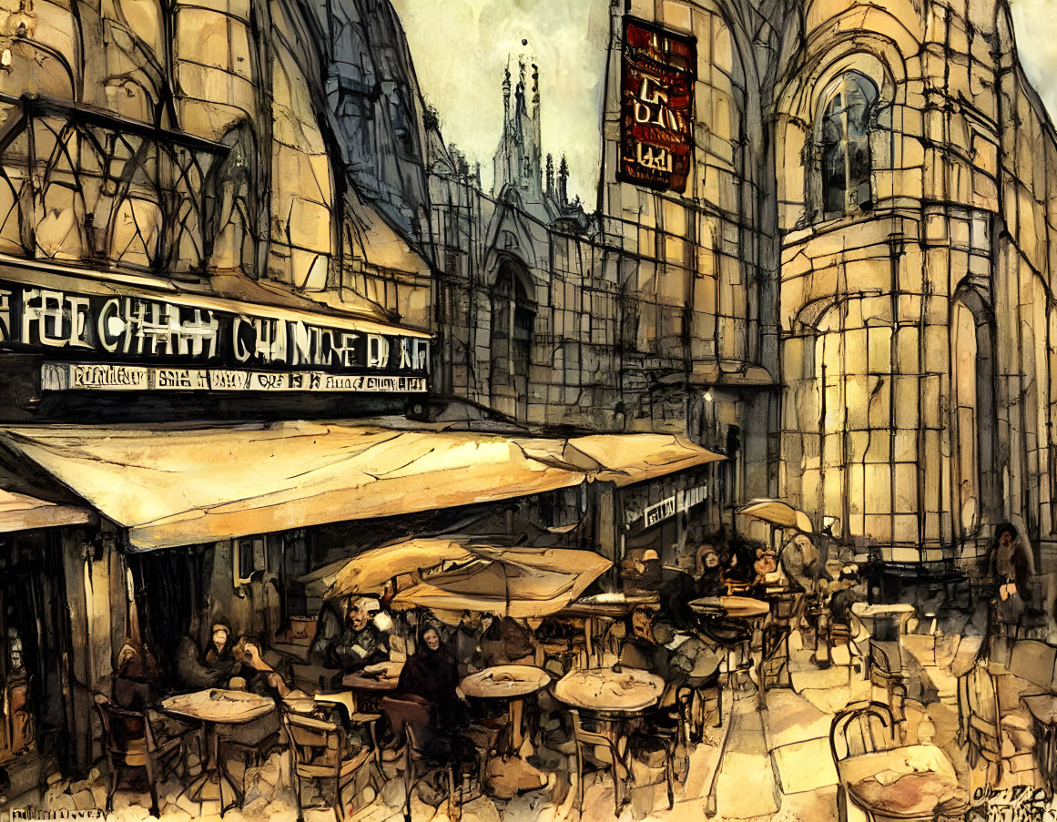 Sepia-Toned Parisian Street Cafe Scene with Patrons and Gothic Architecture