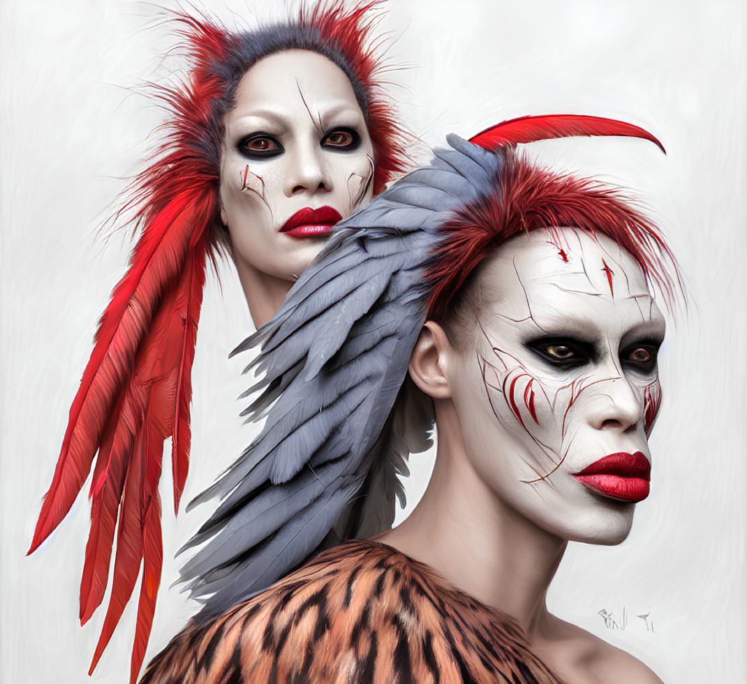 Two individuals with feathered hairpieces and dramatic tribal makeup.