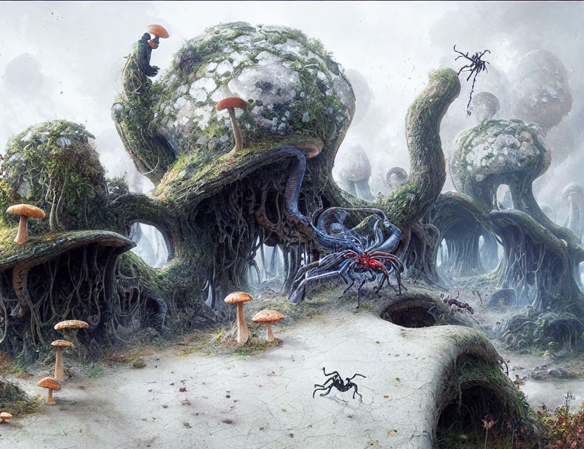 Mystical forest with oversized mushrooms, twisted trees, moss-covered under foggy sky, spider-like