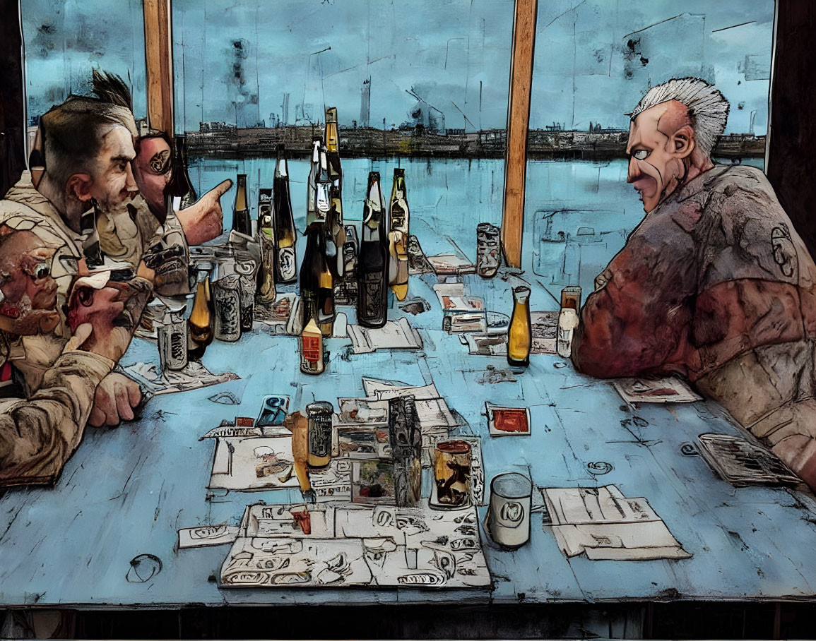 Group of people laughing at table with beer bottles and industrial backdrop