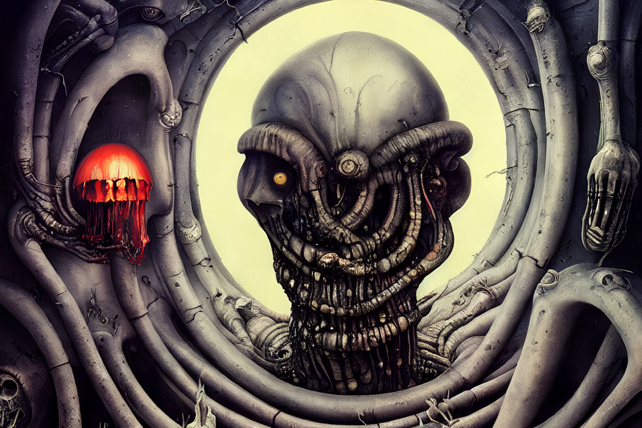 Surreal sci-fi art: Alien with tentacles and glowing red eye on grey background