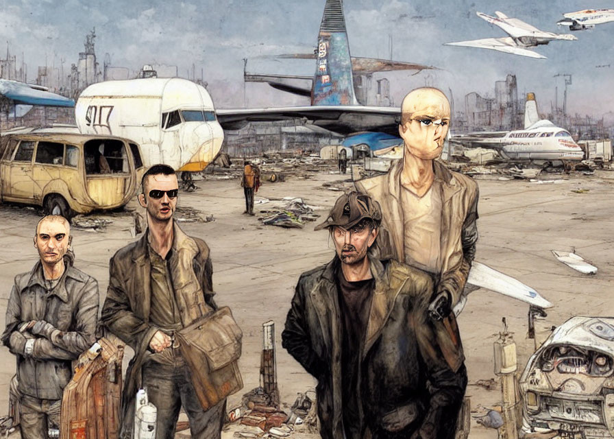 Four Men in Post-Apocalyptic Airport Setting with Derelict Planes