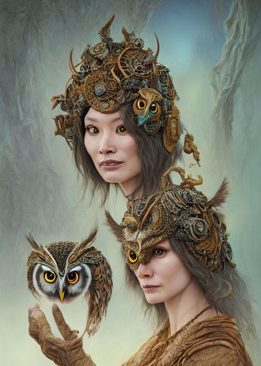 Steampunk-inspired headgear with gears and owl in misty background