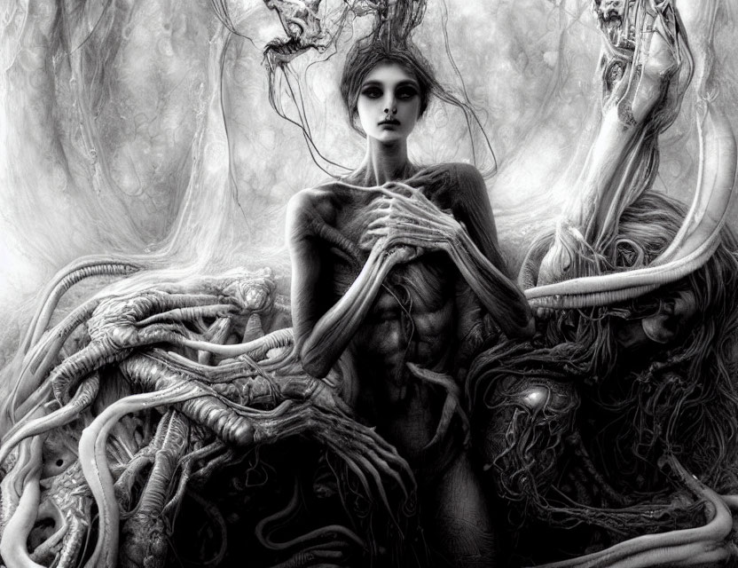 Monochrome surreal female figure with intricate root-like tendrils