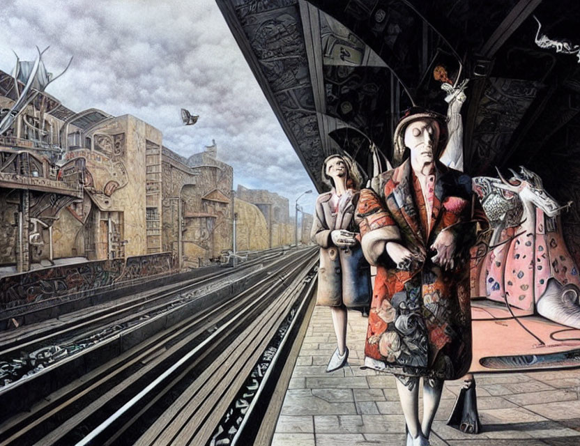 Vintage couple on surreal train platform with industrial cityscape