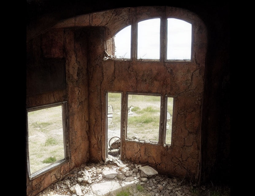 Abandoned room with rusty walls and broken windows overlooking barren landscape