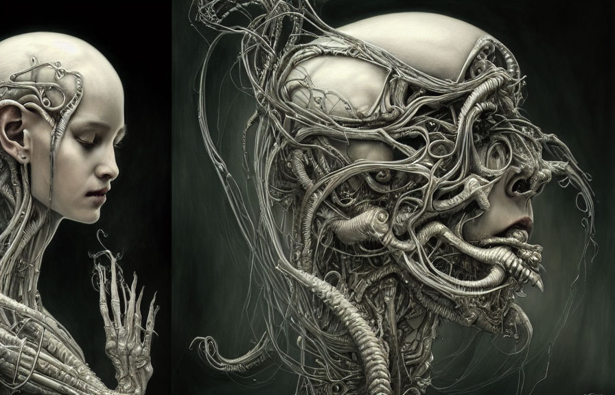 Bald person's head contrasted with cybernetic head split image