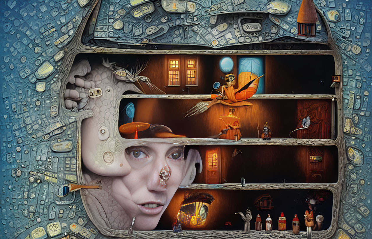 Surreal artwork: fragmented woman's face in whimsical rooms with eyes and odd characters