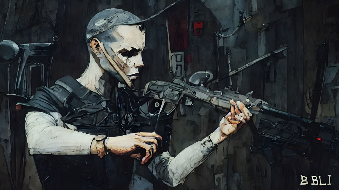 Illustrated character with war paint and rifle in gritty industrial setting