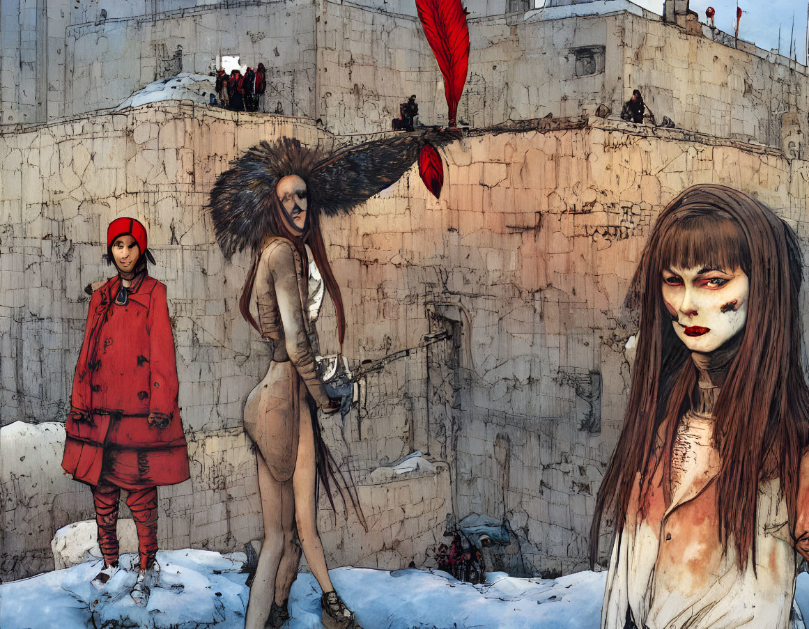 Digital artwork of two stylized women in front of snowy fortress wall with onlookers, one in