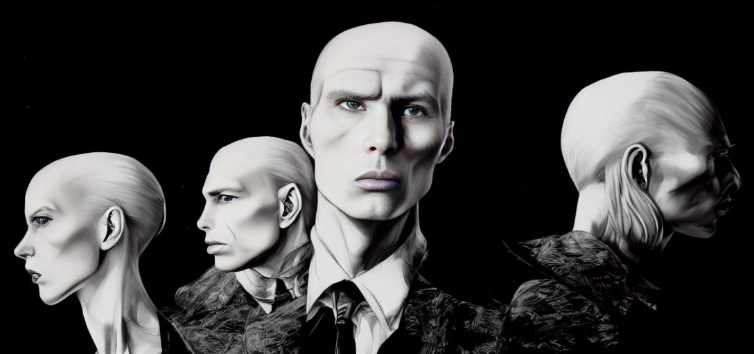 Monochrome busts depict transformation from bald human to bird-like creature