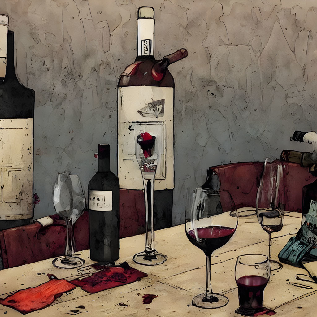 Artistic portrayal of table with wine bottles, glasses, and splattered book conveying moody atmosphere.