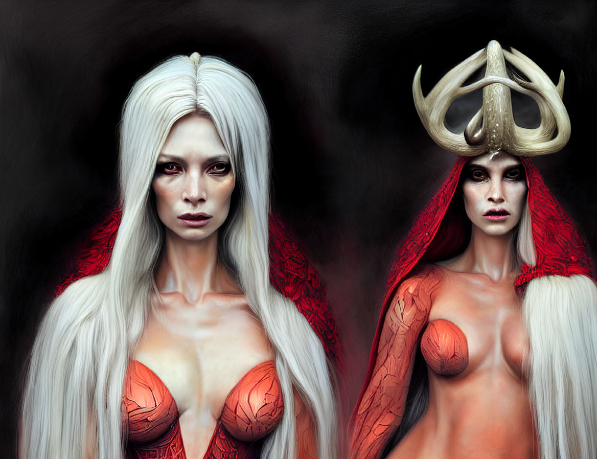 Fantasy women with white and red hair, unique features depicted.