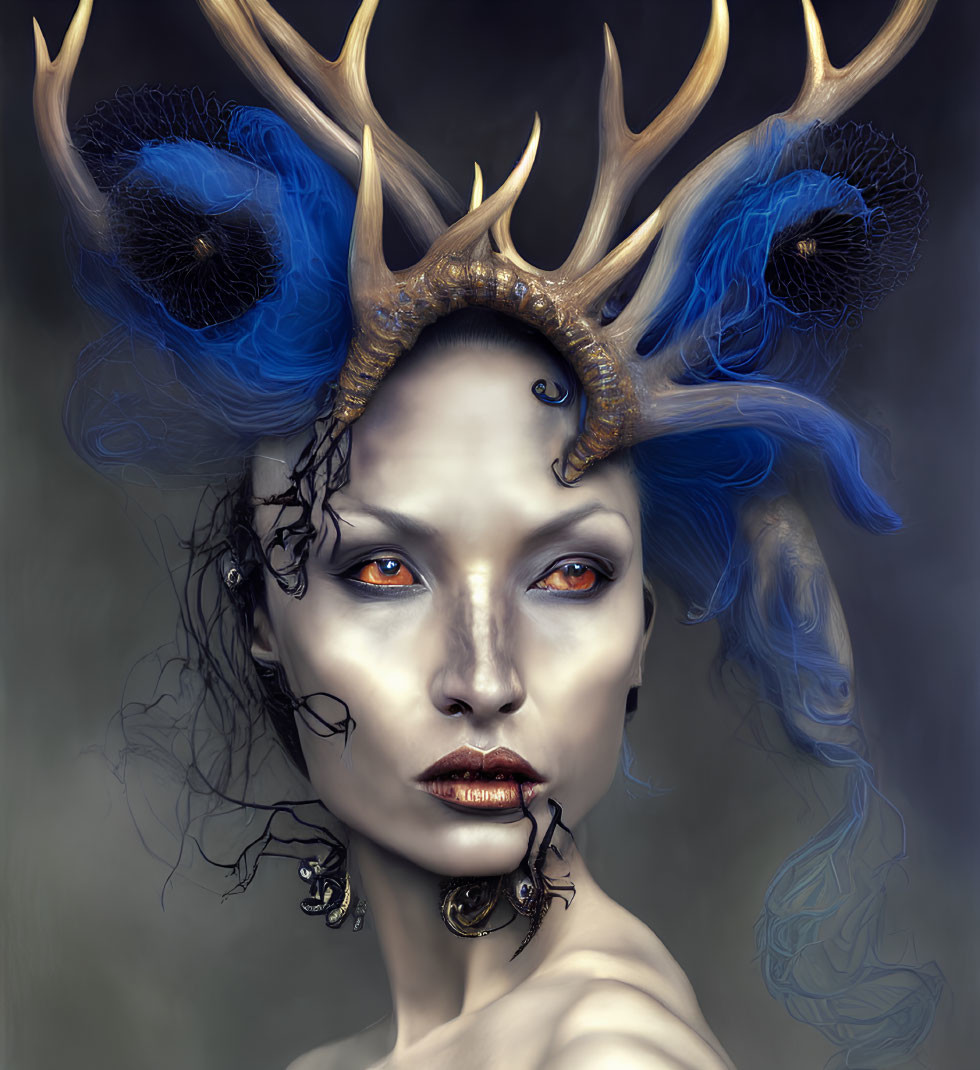 Portrait of woman with antlers, blue feathers, and orange eyes