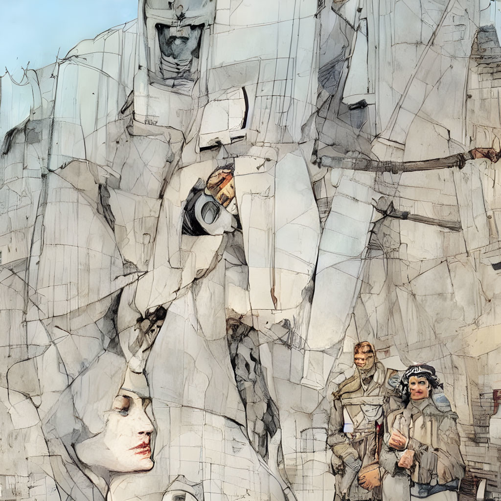 Futuristic scene: travelers resting by giant humanoid robot statue