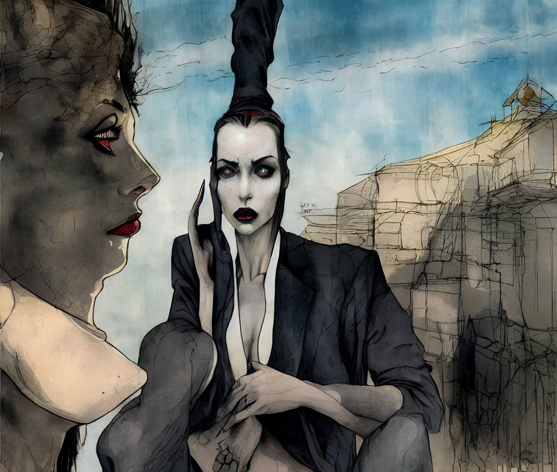 Stylized female figures with bold makeup in somber artistic scene.