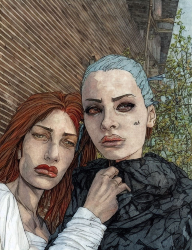 Stylized women with red hair and shaved head in intense urban scene