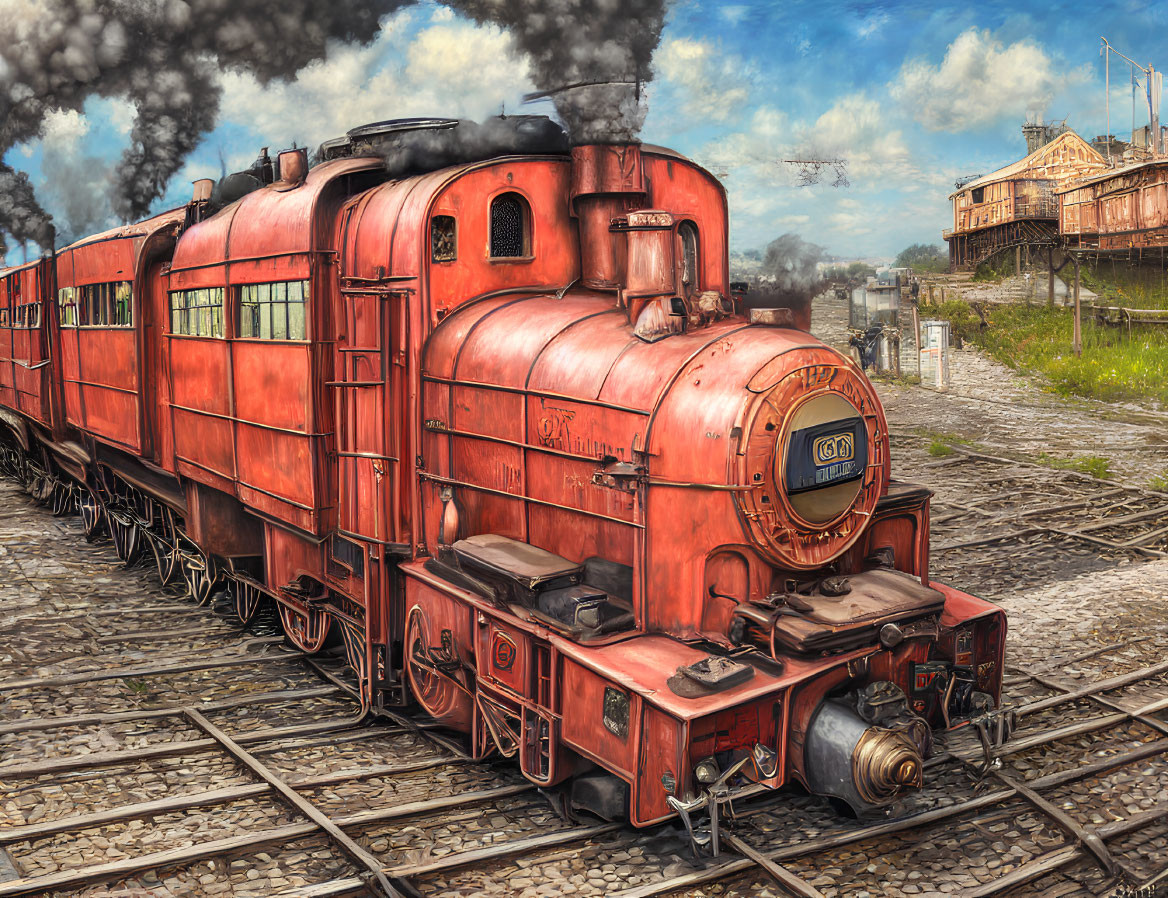 Vintage Red Steam Locomotive on Railway Tracks with Smoke Billowing