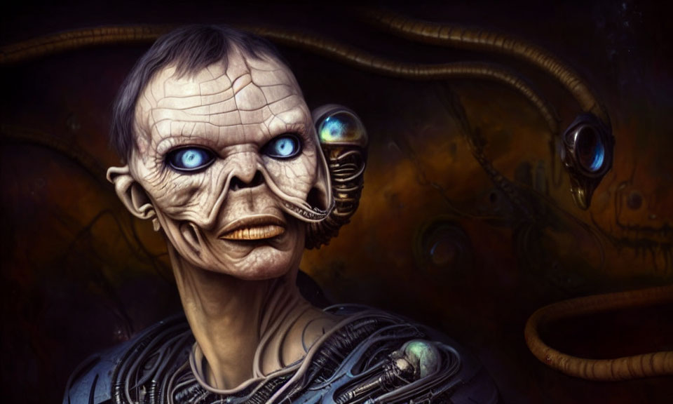 Digital artwork featuring humanoid with pale skin, blue eyes, surrounded by mechanical parts in dark setting