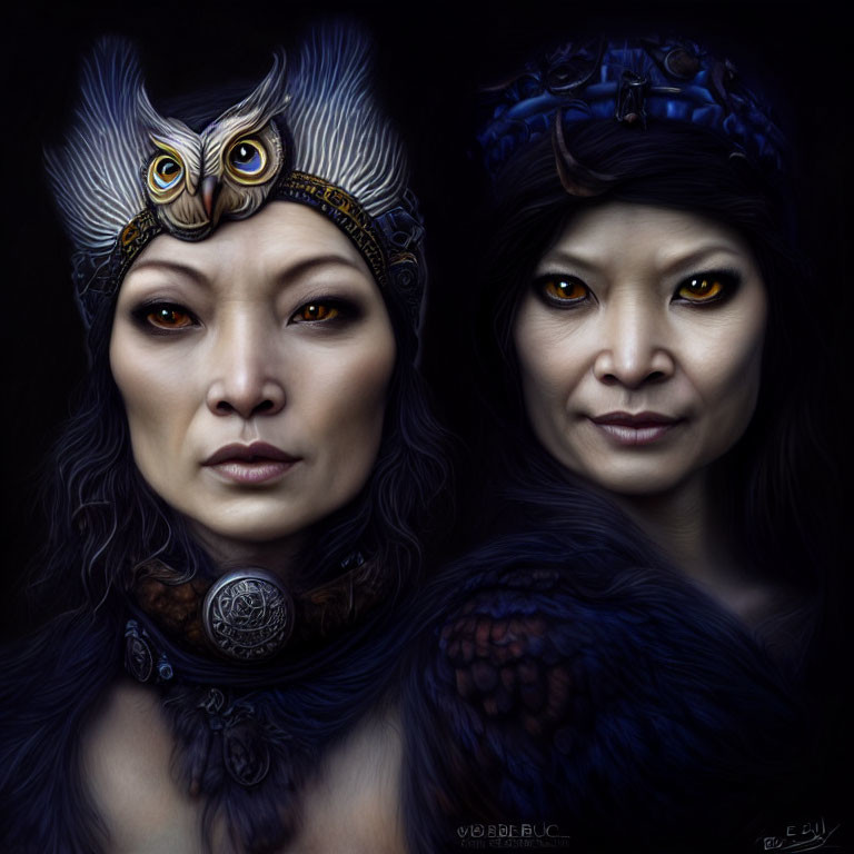 Digital art: Woman with owl features and headdress, second face beside her