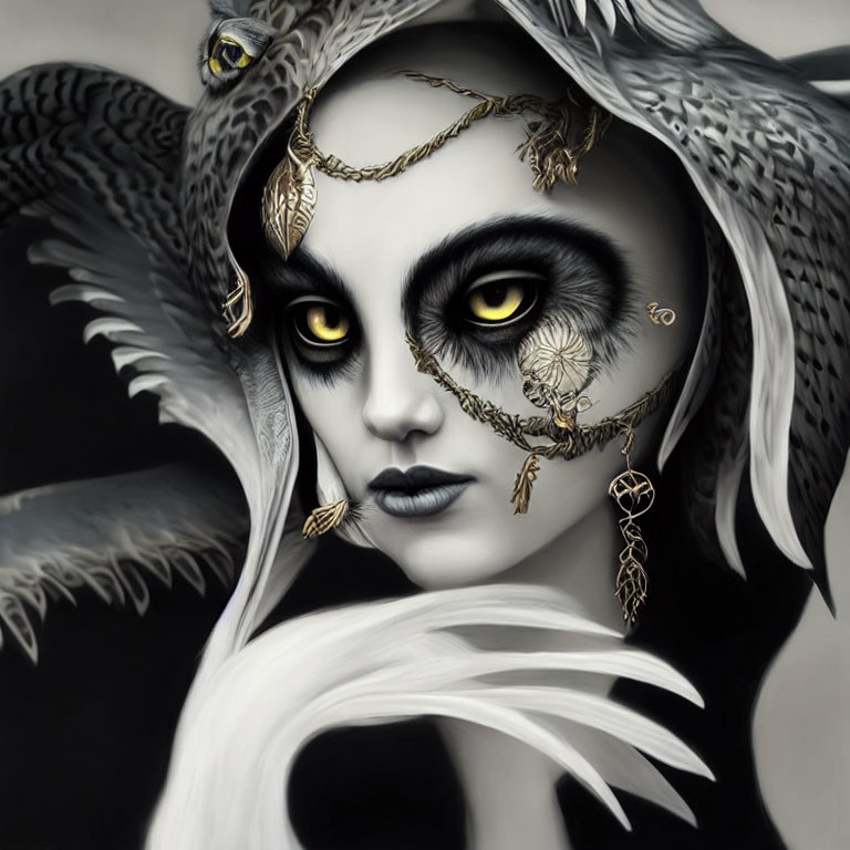 Portrait of a person with yellow eyes, golden chains, and feathers in a mysterious setting.