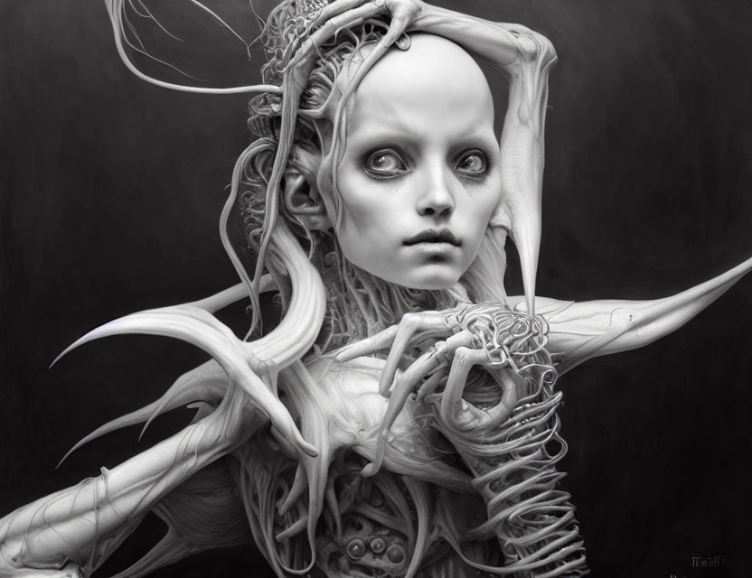 Monochrome fantasy artwork of ethereal female figure with large eyes and biomechanical elements.