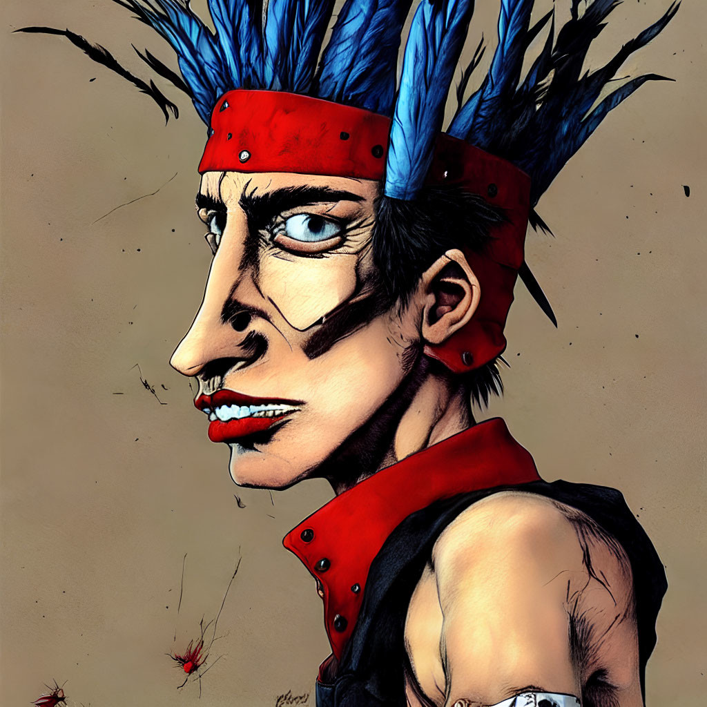 Illustrated Character with Spiky Blue Hair and Red Headband