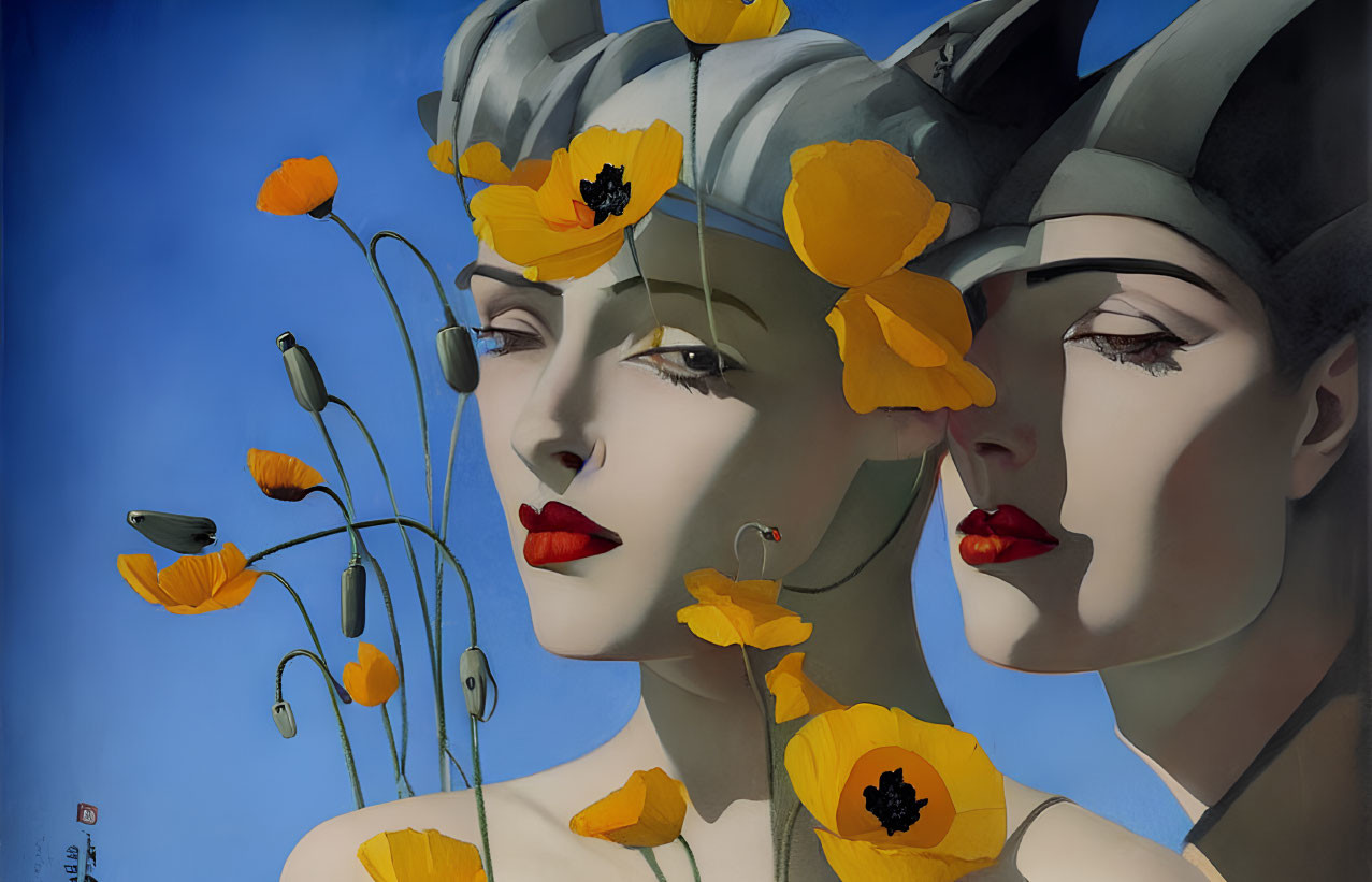 Surreal portrait of two female figures with helmets and orange poppies against blue sky