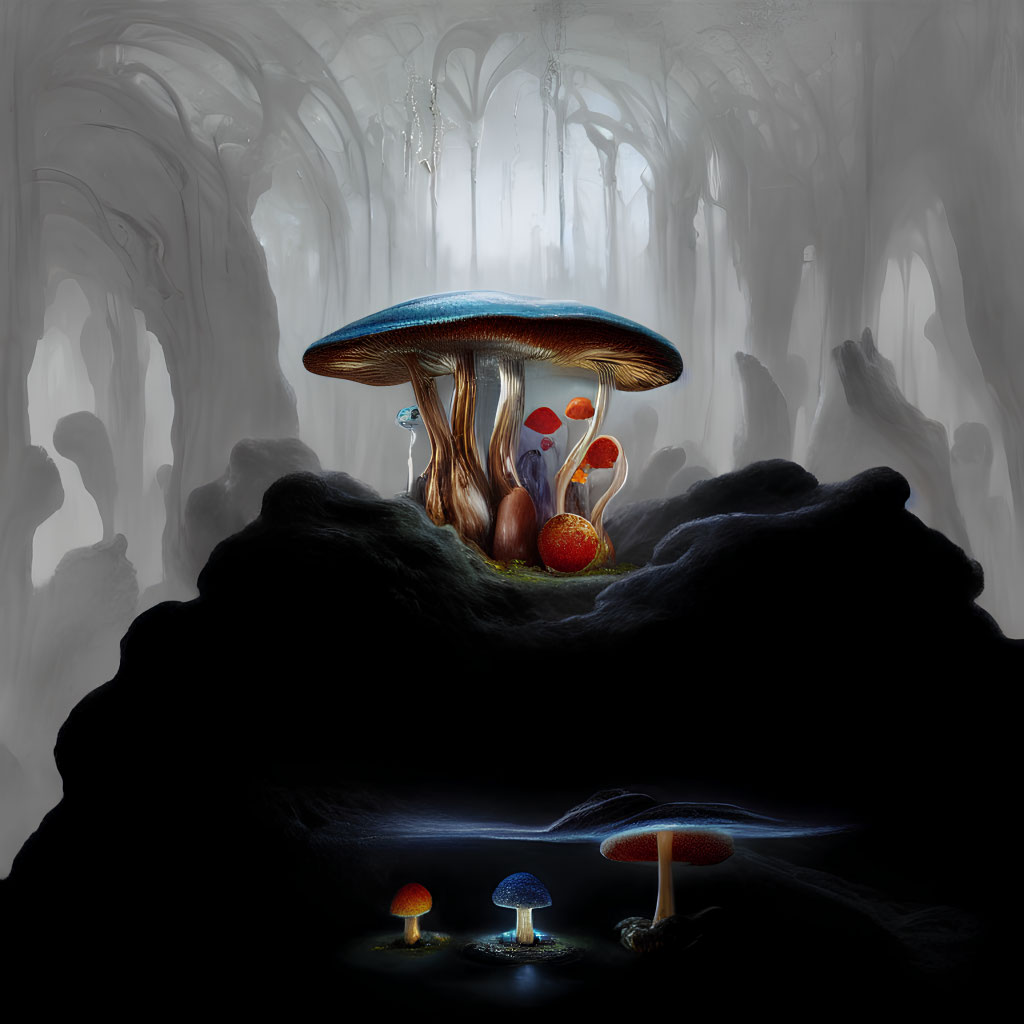 Fantastical forest scene with oversized vibrant mushrooms on dark mound contrasted with misty woodland backdrop