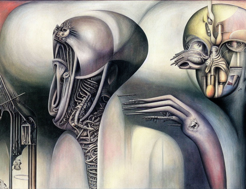 Surreal Biomechanical Figures in Dream-like Monochrome Palette