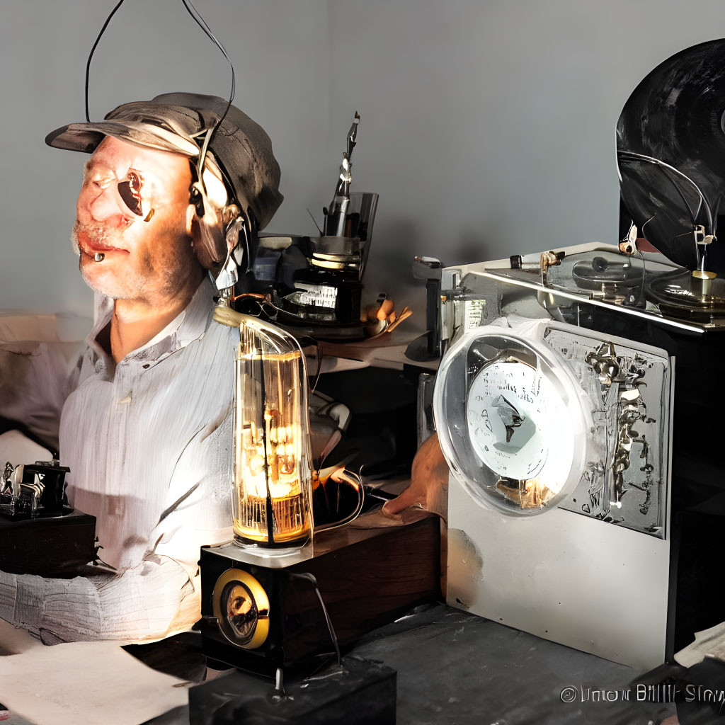 Surreal artwork: man with vintage electronics as face in dimly lit room