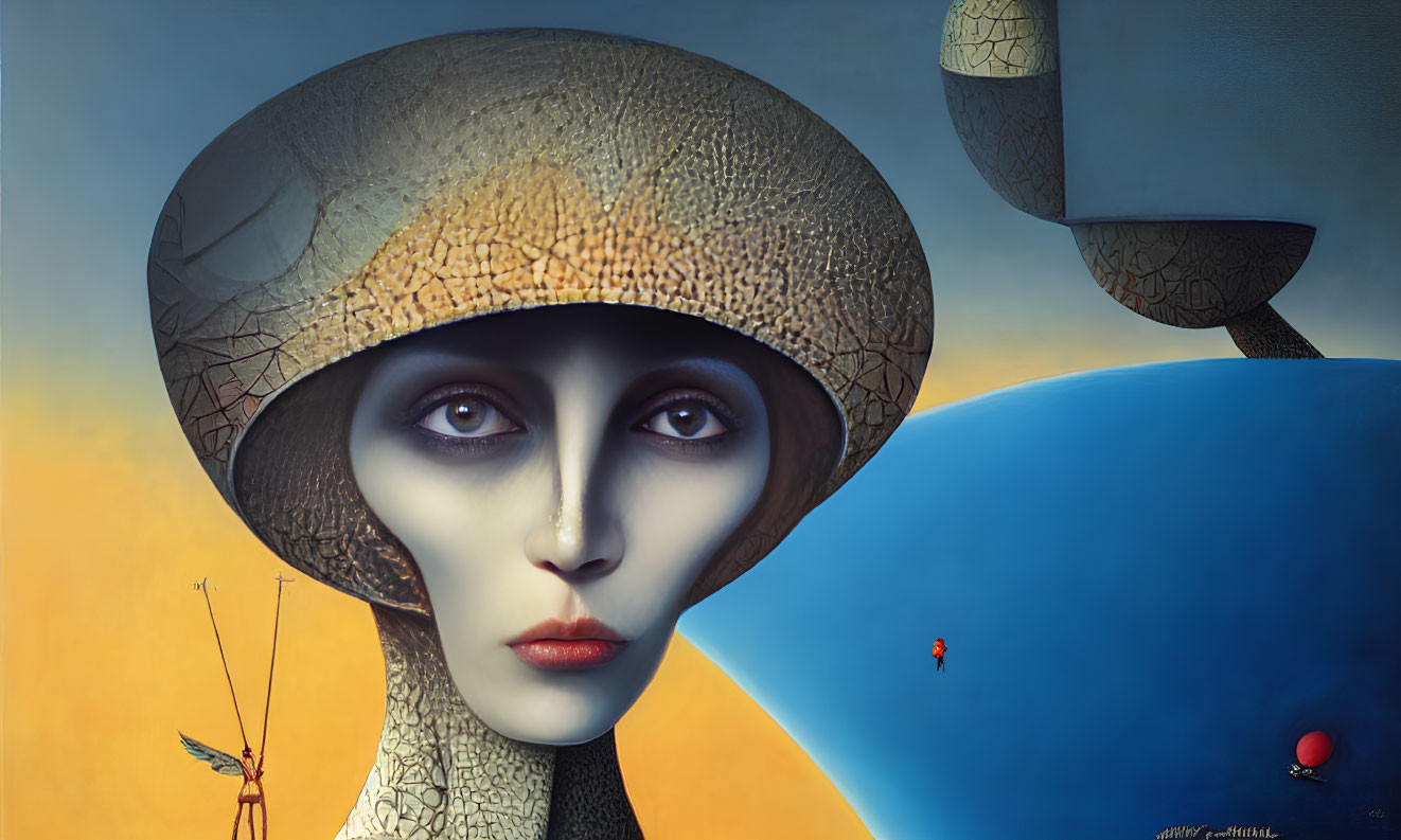 Surreal portrait featuring human-like figure with oversized helmet