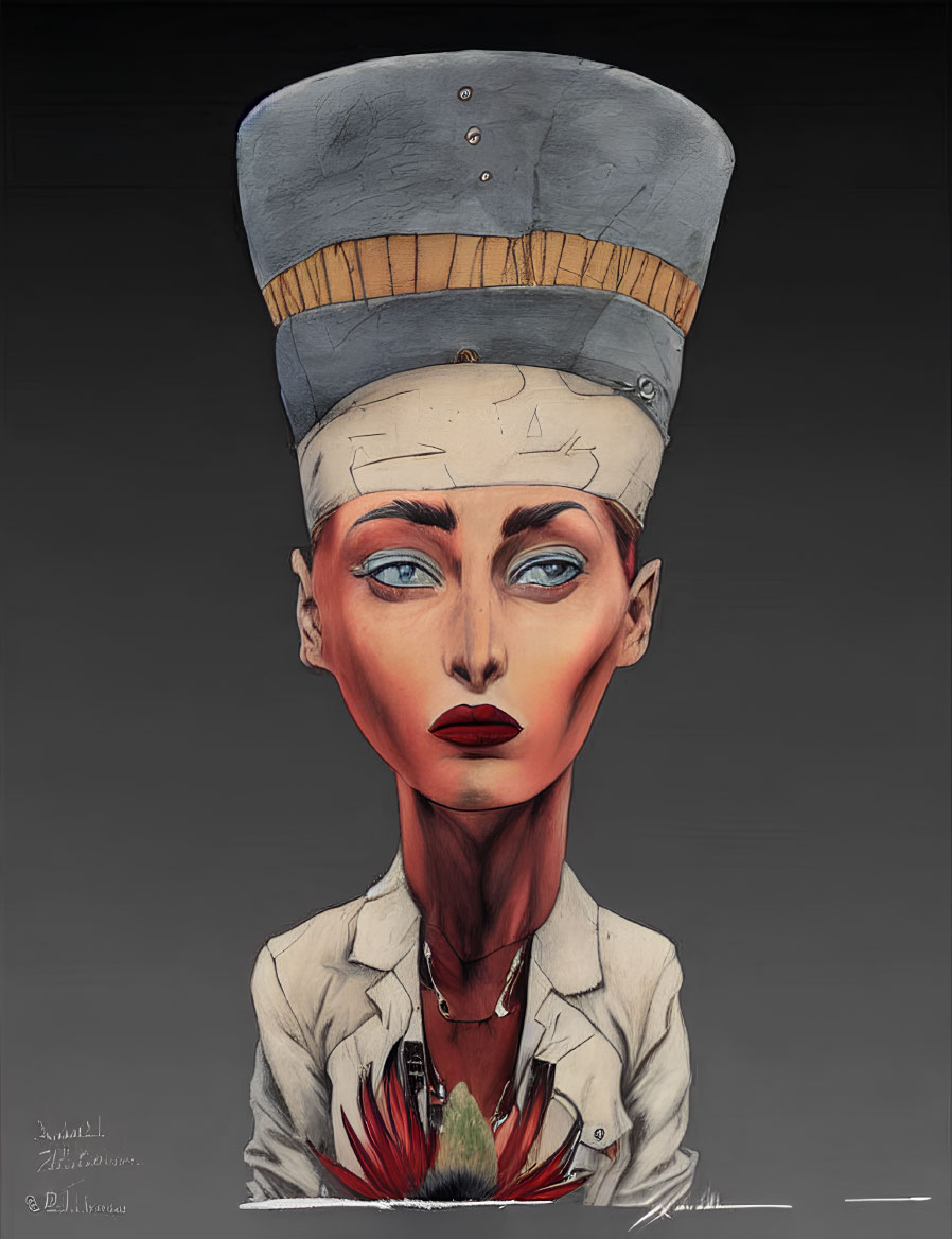 Unique artwork of person with elongated head in chef's hat and white coat