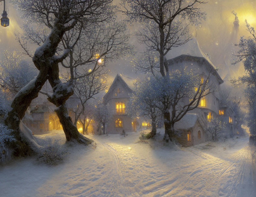 Snow-covered village with warmly lit windows and street lamps on a tranquil winter evening