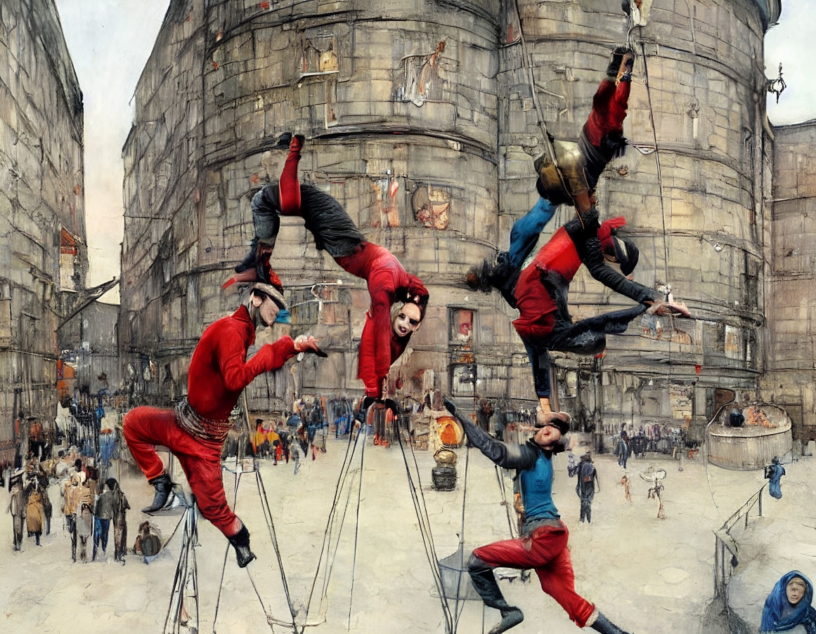 Acrobats in Red Costumes Perform on Bungee Cords in Old-Fashioned City