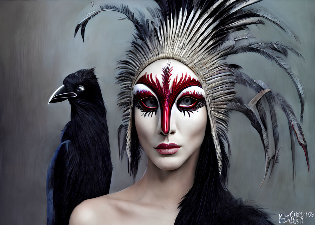 Person with Red and White Face Paint, Feather Headdress, and Raven Portrait