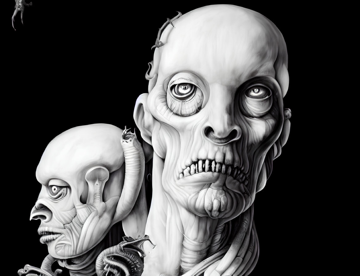 Monochrome illustration of grotesque humanoid figures