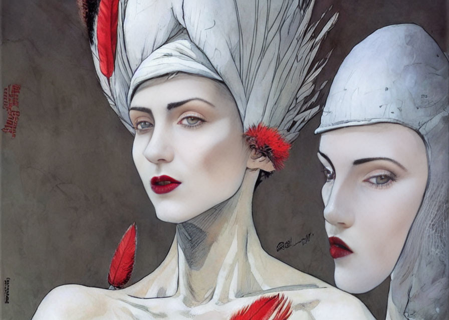 Stylized illustration of two women with pale skin and red lips