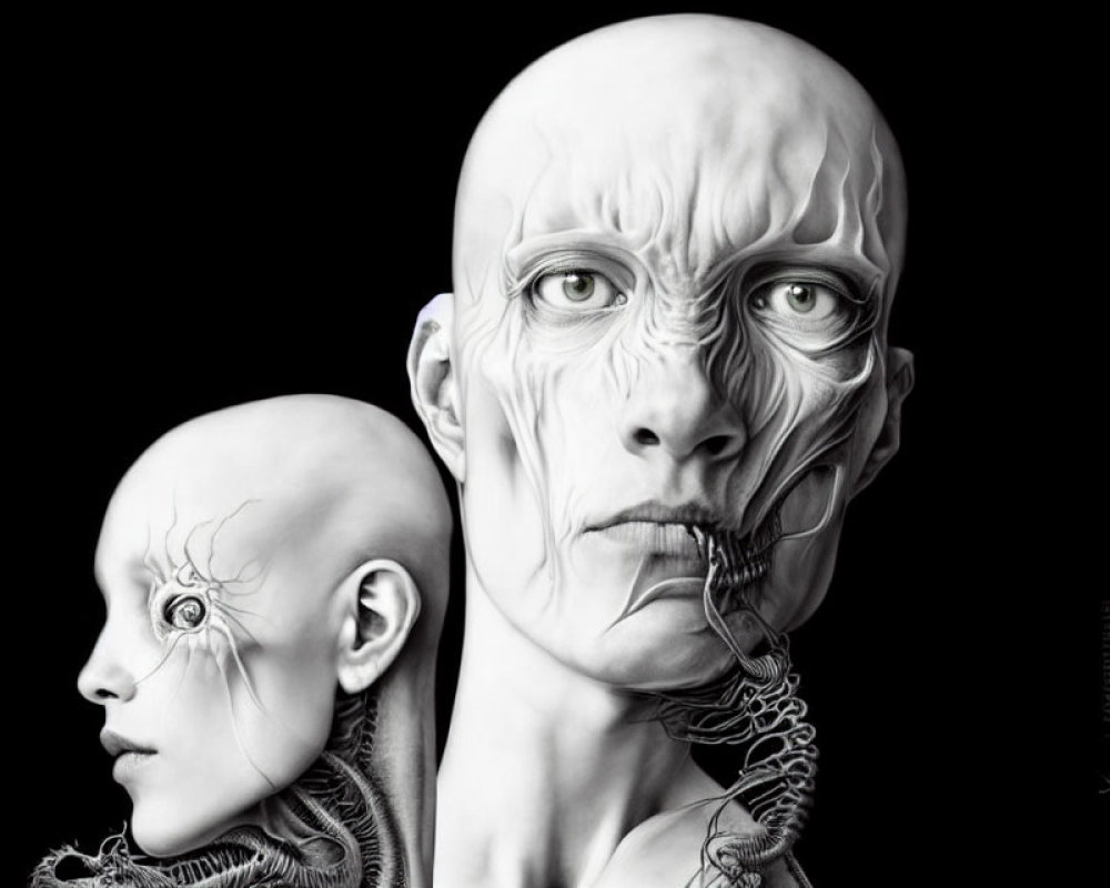 Monochrome hyper-realistic digital artwork of humanoid figures with elongated features.