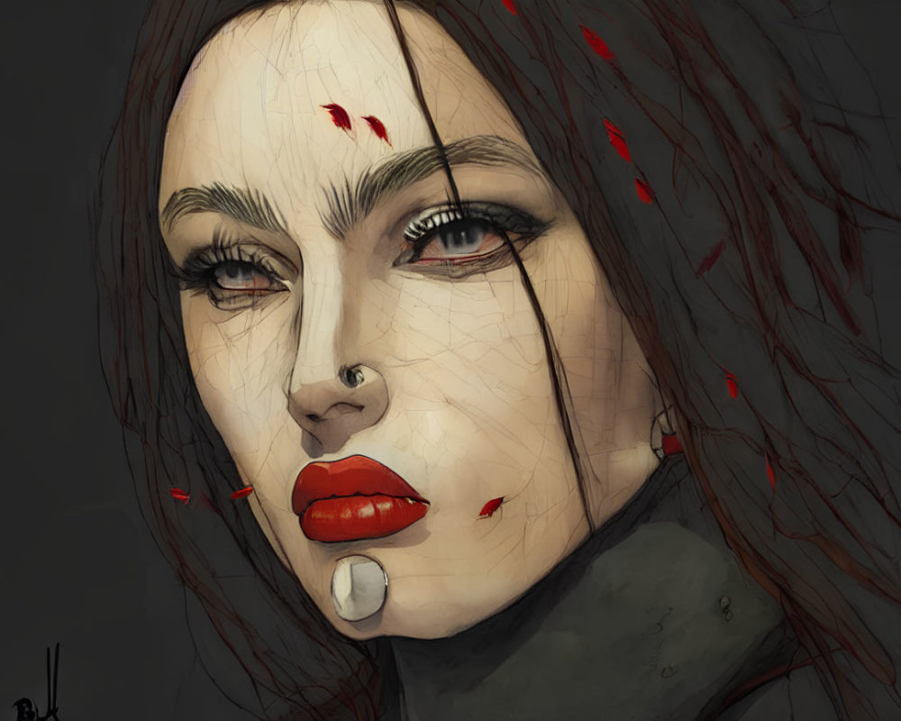 Digital portrait of woman with red lips and blood-like splatters on dark background