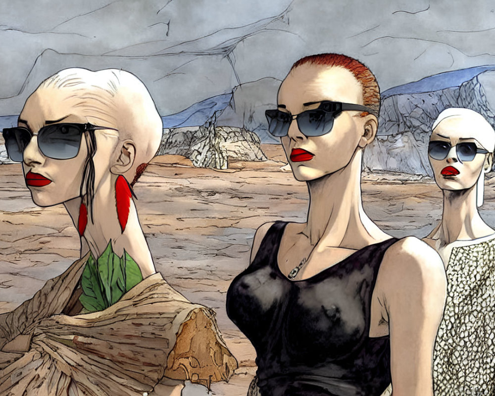 Stylized mannequins with sunglasses in desert setting