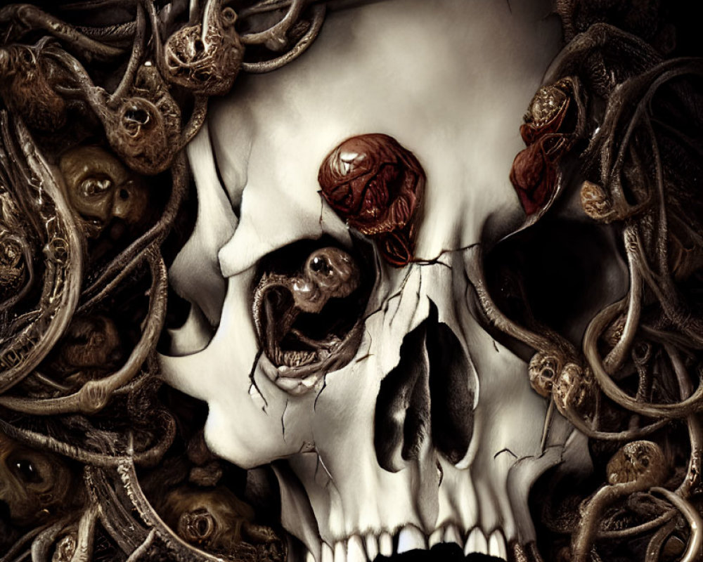 Surreal artwork: Skull with dark, twisted figures in macabre composition