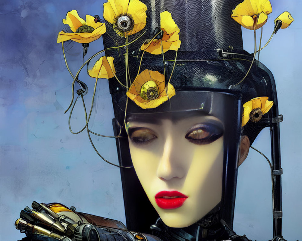 Futuristic female robot with black surface and yellow poppy flowers