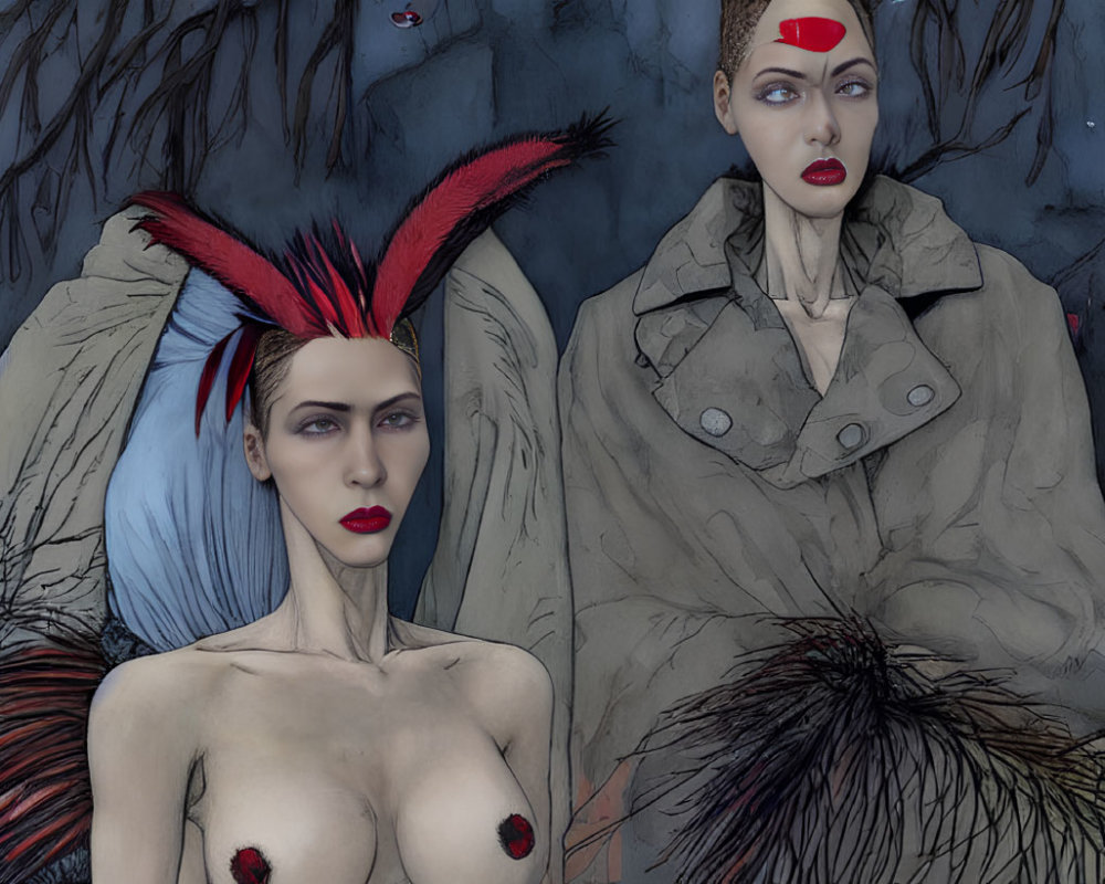 Stylized illustrated female figures in avant-garde attire with wing-like elements