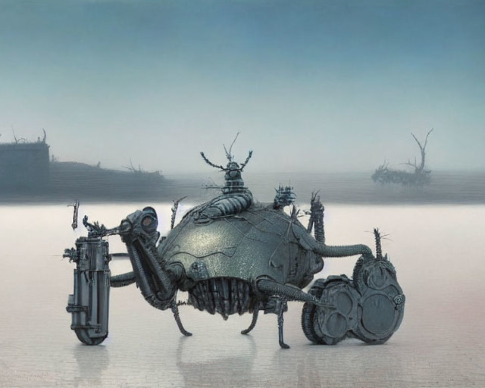 Mechanical Bug-Like Humanoid Creature in Hazy Landscape