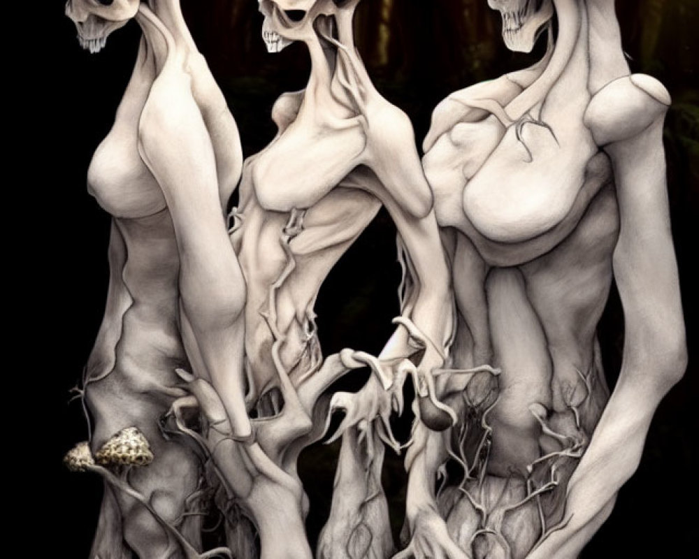 Surreal humanoid figures with elongated skulls and root limbs in dark forest